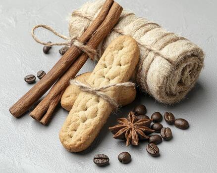Indulge in the warm embrace of autumn with this captivating image showcasing cinnamon sticks, aromatic coffee beans, and delectable cookies The rustic charm of the twine-wrapped towel adds a touch of photo