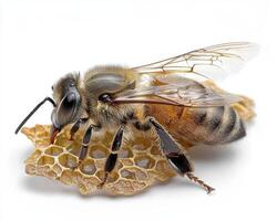 Macro Photography of a Honey Bee Explore the intricate details of a hardworking honey bee perched delicately upon a fragment of honeycomb, showcasing nature's remarkable architecture and the bee's photo