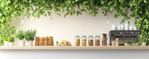 Interior Design with Natural Greenery and Coffee Shop Aesthetic A bright and airy interior featuring a coffee shop counter adorned with fresh greenery, potted plants, and a professional espresso photo