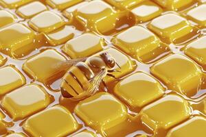 Macro photograph showcasing a bee resting on caramel candies, highlighting the details of its body and the glossy texture of the sweets, exploring themes of sweetness and nature's interaction with photo