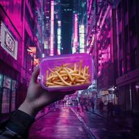 Neon City Eats Immerse yourself in the captivating fusion of urban life and culinary delight as this vibrant image showcases a hand holding a container of golden french fries amidst the dazzling glow photo