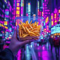 Neon City Night Life with French Fries Capturing the Vibrant Urban Scene, Delicious Junk Food, and Energetic Atmosphere, Featuring Bright Lights and Bold Colors A Perfect Blend of Culinary Temptation photo