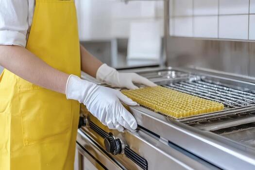 Professional kitchen cleanliness and food safety practices are crucial for preventing contamination and ensuring consumer health This image captures a diligent worker in a restaurant environment photo