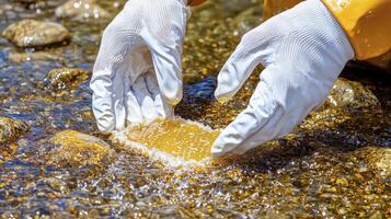Pollution Investigation Documenting Contamination in a Natural Water Source, Featuring Hands in Protective Gloves Examining a Suspicious, Potentially Toxic, Substance Visualizes Environmental photo