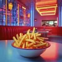 Retro Diner Delight A Nostalgic Journey Back to the Golden Age of American Cuisine, Featuring Crispy Golden French Fries Served in a Classic Bowl, Set Against the Backdrop of Vibrant Neon Lights and photo