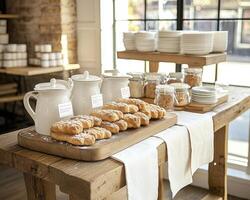 Rustic Kitchen Display A charming arrangement featuring white ceramic pitchers and jars with a wooden tray of powdered sugar-dusted pastries set upon a weathered wooden table, complemented by stacks photo