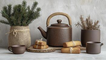Rustic Kitchen Still Life Capture the warmth and charm of a cozy kitchen scene with this inviting image Featuring a stoneware teapot, earthenware cup, rustic burlap, and delicious homemade cookies photo