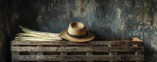 Rustic Still Life with Fedora Hat and Wheat Stalks on Wooden Crate Against Textured Wall, a vintage style and evocative imagery for backgrounds, product displays, artistic projects, and digital photo