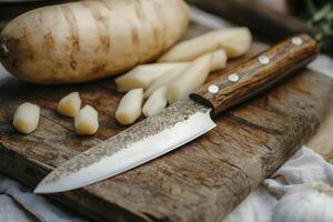 Rustic Kitchen Still Life Capturing the Essence of Simple Cooking with Potatoes, Garlic, and a Hand-Forged Knife on a Weathered Wooden Cutting Board, Perfect for Culinary Enthusiasts and Food photo