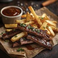 Savor the Flavor Irresistible Steak Fries Image, A Culinary Delight Featuring Tender Steak Strips, Crispy Golden Fries, and a Rich, Savory Dipping Sauce, Perfect for Food Lovers and Culinary photo