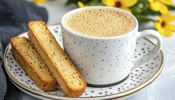 Start your day with a delightful image of coffee and biscotti, a perfect combination for breakfast or a quick snack, enjoy the richness of the coffee, the crunchy texture of biscotti, and the simple photo