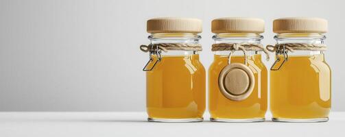 Three charming glass jars filled with golden honey, beautifully staged against a clean, minimalist white background, evoking feelings of warmth, natural goodness, and rustic elegance These adorable photo
