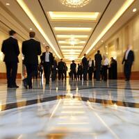 A blurred background depicts a corporate event with attendees moving through a brightly lit hallway The high-end architecture, featuring marble flooring, is reflected by the light enhancing the photo