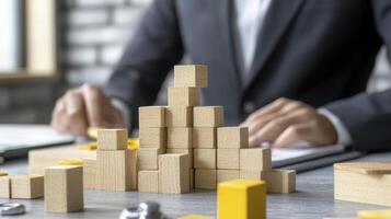 A businessman carefully constructs a tower of wooden blocks, symbolizing business growth and strategic planning The arrangement requires precision and a steady hand, reflecting the meticulous photo