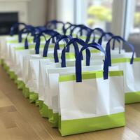 A clean and organized display of corporate gifts and souvenirs, arranged meticulously in neat rows on a polished wooden surface The bright lighting enhances the crisp white and vibrant green hues of photo