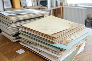 A compelling image showcases a stack of correspondence folders, neatly arranged like catalog entries, each telling a unique story The worn edges and varied paper textures hint at years of history photo
