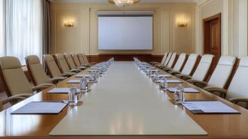 A corporate meeting room, bathed in the soft glow of ambient light, presents a scene of professional readiness The long, polished conference table reflects the light, its surface impeccably arranged photo