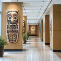 A corporate hallway presents a fusion of modern architecture and indigenous art Wooden wall panels create a warm backdrop, highlighting intricately carved native masks that embody the local heritage photo
