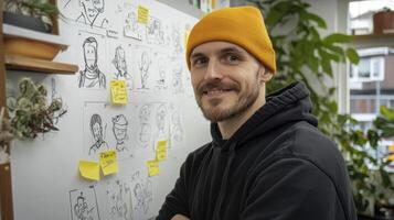 A corporate storyteller stands proudly before a whiteboard showcasing character sketches, their features diverse and expressive Adorned in a warm yellow beanie, they exude creativity and passion The photo