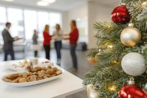 A festive corporate holiday celebration is in full swing, with colleagues gathering in a bright and airy office space The room is adorned with a beautifully decorated Christmas tree, sparkling photo