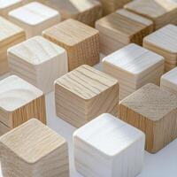 A harmonious arrangement of countless wooden blocks, each cube embodying a minimalist aesthetic, reflecting serene simplicity and subtle geometric perfection The natural grain of the wood whispers photo