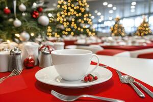 A festive corporate holiday luncheon is being beautifully set up with attention to every detail creating a delightful atmosphere for the attendees The bright white tableware contrasts elegantly photo