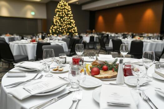 A grand corporate holiday luncheon unfolds within a spacious ballroom, adorned with festive decorations, casting a warm, inviting glow Tables are meticulously set with elegant tableware, crisp photo
