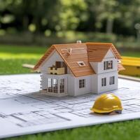 A miniature country house construction project, carefully laid out on a set of architectural blueprints, captures the intricate details of the building's design, alongside a bright yellow safety photo