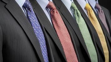 A line of suits, each adorned with a uniquely patterned and colored tie, stands as a symbol of diversity within unity The dark, pinstriped suits provide a somber backdrop, accentuating the vibrant photo