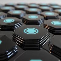 A photograph displays an array of black hexagonal tiles, each adorned with a central, blue symbol, resembling a futuristic interface, potentially representing corporate identities or technological photo