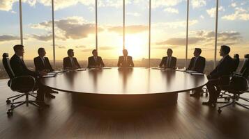 A sophisticated corporate boardroom bathed in the warm glow of the setting sun, where leadership converges to strategize and forge pathways to success The oval table, a symbol of unity and photo