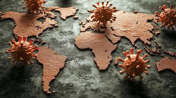A stark portrayal of the COVID-19 pandemic's global reach unfolds as spiky virus particles are superimposed upon a stylized map The infection's widespread impact is visualized by highlighting photo