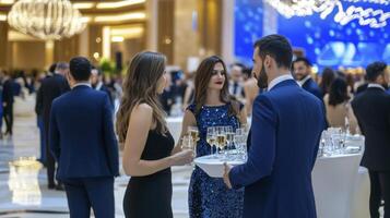 A sophisticated corporate event is underway, featuring well-dressed attendees engaging in conversation amidst an opulent setting The scene exudes elegance and professionalism, capturing the essence photo