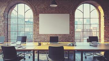 A stylish coworking space bathed in natural light features exposed brick walls and arched windows, creating an inspiring atmosphere for collaboration and productivity The room is meticulously photo
