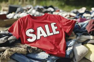 Amidst a jumbled assortment of textiles, a vibrant red t-shirt boldly proclaiming SALE grabs the eye A chaotic scene unfolds, where garments of diverse textures, colors, and patterns converge into a photo