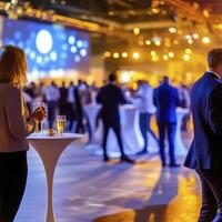Amidst a soft, ethereal glow, an indoor corporate event unfolds, a symphony of blurred figures hinting at lively conversations and shared experiences The scene is bathed in warm light, casting an photo