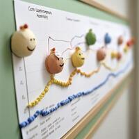 A whimsical depiction of a corporate timeline using craft materials, illustrating progress and milestones Each marker is represented by a unique, smiling, spherical character affixed to the chart photo