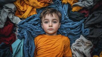 Amidst a vibrant tapestry of fabric, a child lies serene, their gaze meeting the viewer's with an unspoken invitation The kaleidoscope of textures, colors, and patterns creates a comforting photo