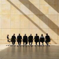 Amidst an elegant conference room, bathed in soft light, opulent white chairs, adorned with gold accents, encircle a pristine oval table A sanctuary for strategic discussion, business professionals photo