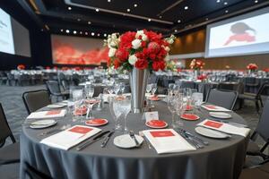 Amidst the elegant ballroom setting, a festive corporate holiday luncheon unfolds, with tables adorned in sophisticated gray linens Each setting boasts pristine silverware, crystal-clear glassware photo