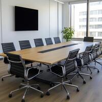 An executive boardroom unfolds, bathed in natural light streaming through expansive windows, showcasing a modern office interior crafted for strategic decision-making Sleek black chairs encircle a photo