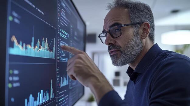 Analyzing Financial Data on a Monitor A Focused Businessman Examining Stock Market Trends, Technical Analysis, and Economic Indicators Business professional deeply immersed in examining graphs photo