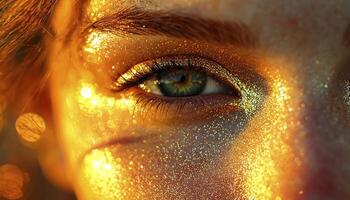 A captivating headshot revealing the essence of timeless beauty through gold-accented accessories The image captures the unique blend of artistry and fashion, showcasing a model adorned with radiant photo