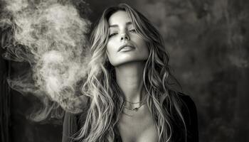 A captivating monochrome portrait reveals a sophisticated woman radiating timeless elegance Her refined style is accentuated by a striking gold bracelet, drawing the viewer's attention to her poised photo