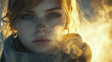 A captivating headshot showcases a young woman's serene beauty, framed with minimalist elegance Delicate gold earrings subtly adorn her ears, catching the light with a gentle shimmer The composition photo