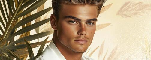 A captivating male fashion model showcases minimalist elegance in a pristine white ensemble, accented by sleek golden accessories His striking features are enhanced by the soft, natural light photo