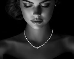 A captivating monochrome study presents a young woman immersed in serene contemplation Her gaze is cast downwards, emphasizing the subtle curve of her lips A delicate gold necklace adorns her neck photo
