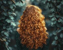 A captivating portrait unveils a woman with radiant, spiraling curls cascading down her back, illuminated by a gentle, ethereal backlight The scene is enveloped in a dreamlike aura, enhanced by a photo