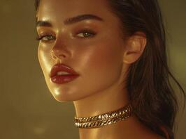 A captivating side profile portrait unveils the beauty of a woman adorned with an elegant gold choker, creating a visually stunning composition The soft, diffused lighting enhances the subject's photo