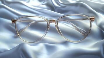 A composition of clarity and light unfolds, revealing gold-rimmed glasses gracefully perched upon an immaculate white surface The scene evokes simplicity and elegance, enhanced by the subtle photo
